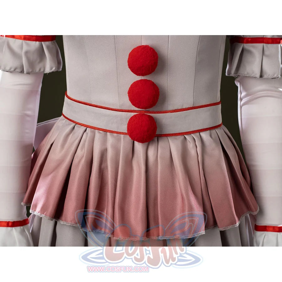 IT Pennywise Bishoujo cosplay waist detail stacks red buttons above pink pleats and a slim red belt.