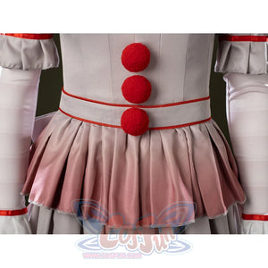 IT Pennywise Bishoujo cosplay waist detail stacks red buttons above pink pleats and a slim red belt.