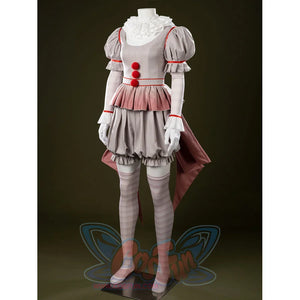IT Pennywise Bishoujo cosplay costume angles the ruffled collar above red buttons and soft pink panels.