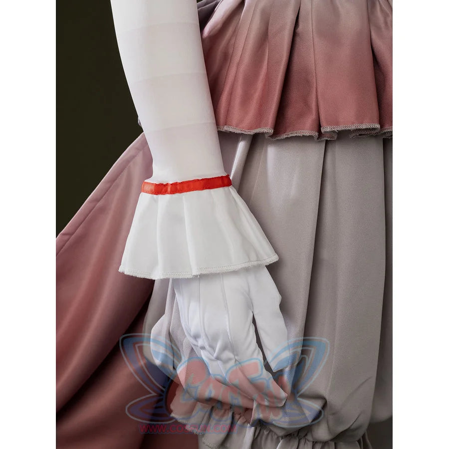 IT Pennywise Bishoujo cosplay glove cuff detail pairs a white ruffle with red trim beside pink panels.