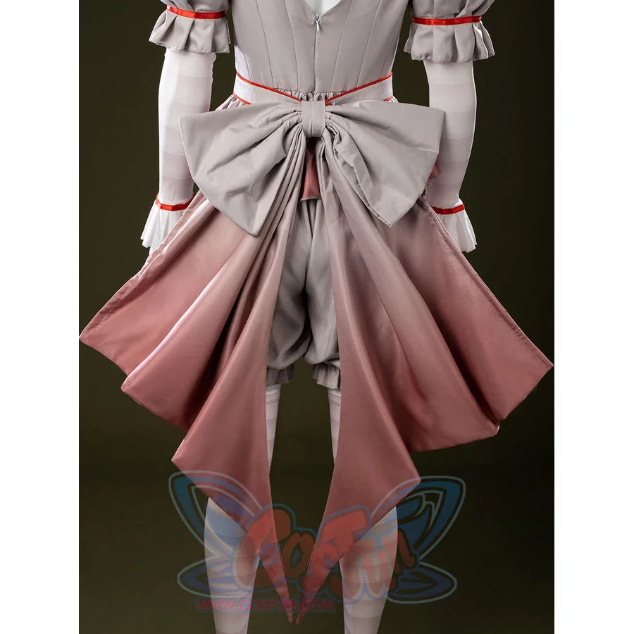 IT Pennywise Bishoujo cosplay back bow detail drops pink and gray tails from the rear waist.