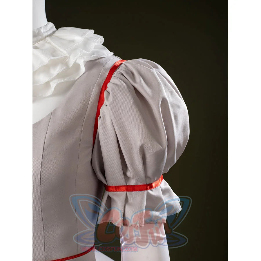 IT Pennywise Bishoujo cosplay puff sleeve detail sets red trim over soft gray fabric and white ruffles.