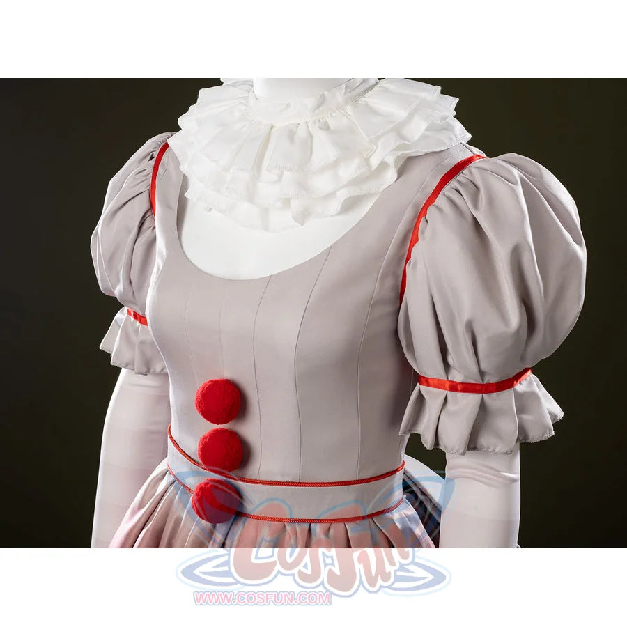 IT Pennywise Bishoujo cosplay sleeve detail frames red piping around puff sleeves and the ruffled bodice.