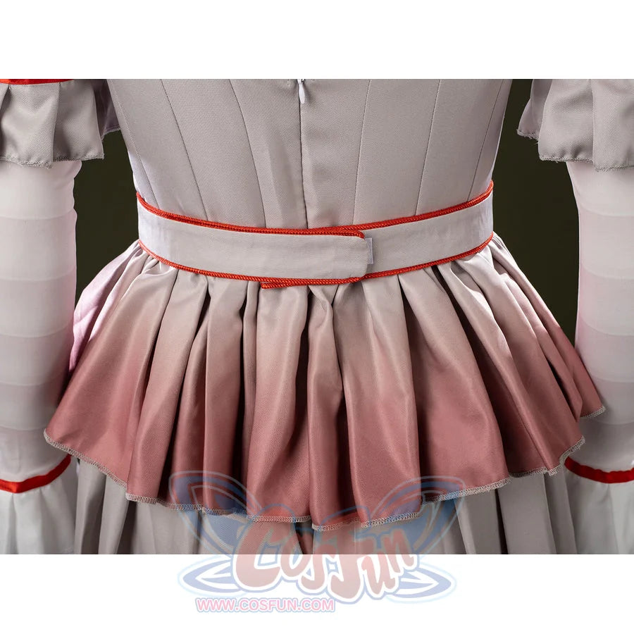 IT Pennywise Bishoujo cosplay waist detail fans pink pleats below red piping across the gray bodice.