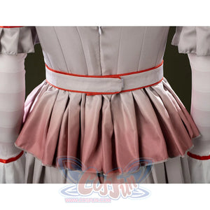 IT Pennywise Bishoujo cosplay waist detail fans pink pleats below red piping across the gray bodice.