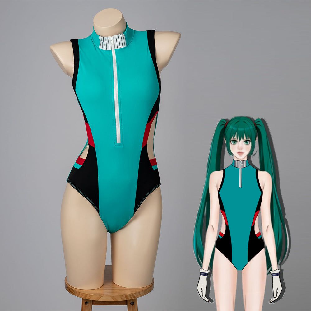 COSFUN Izuku Midoriya Deku cosplay monokini sets a teal zip front over black side panels and red trim.