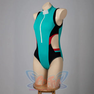 My Hero Academia Izuku Midoriya cosplay swimsuit angles the teal zip front beside black side panels and red trim.