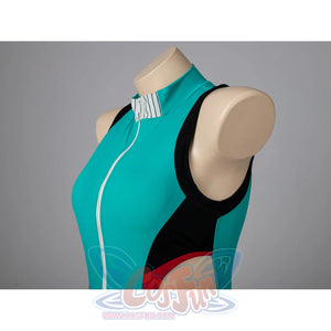 My Hero Academia Izuku Midoriya cosplay swimsuit traces the black armhole curve beside the teal front panel.