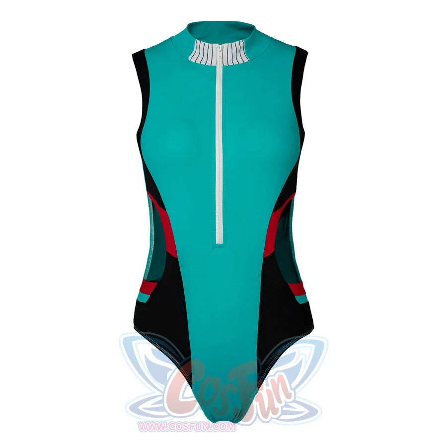 My Hero Academia Izuku Midoriya cosplay swimsuit lays the teal monokini flat around black side panels.