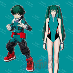 My Hero Academia Izuku Midoriya cosplay swimsuit compares the teal swimsuit design beside Izuku Midoriya character art.