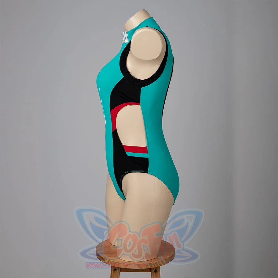 My Hero Academia Izuku Midoriya cosplay swimsuit sets the side cutout between teal fabric and black curved panels.
