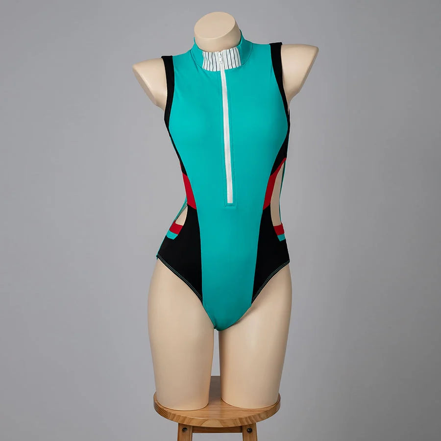 COSFUN Izuku Midoriya Deku cosplay monokini sets a teal zip front over black side panels and red trim.