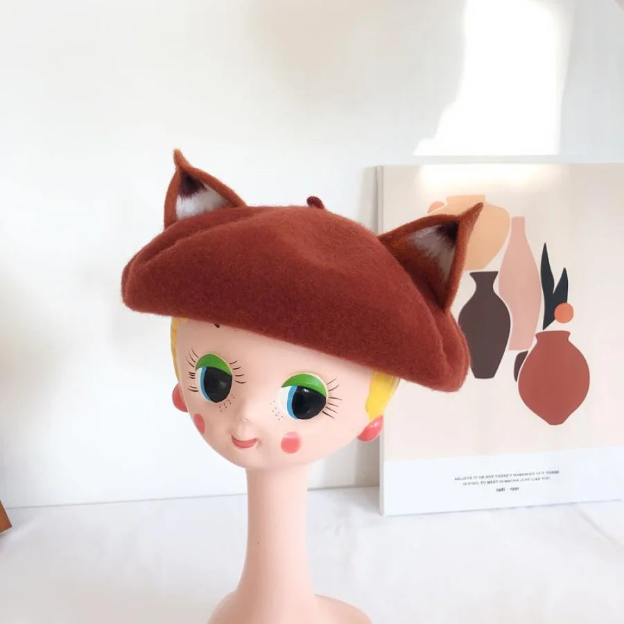 Japanese New Cute Fox Ear Caramel Woolen Beret Caps C00061 Hats&amp;caps