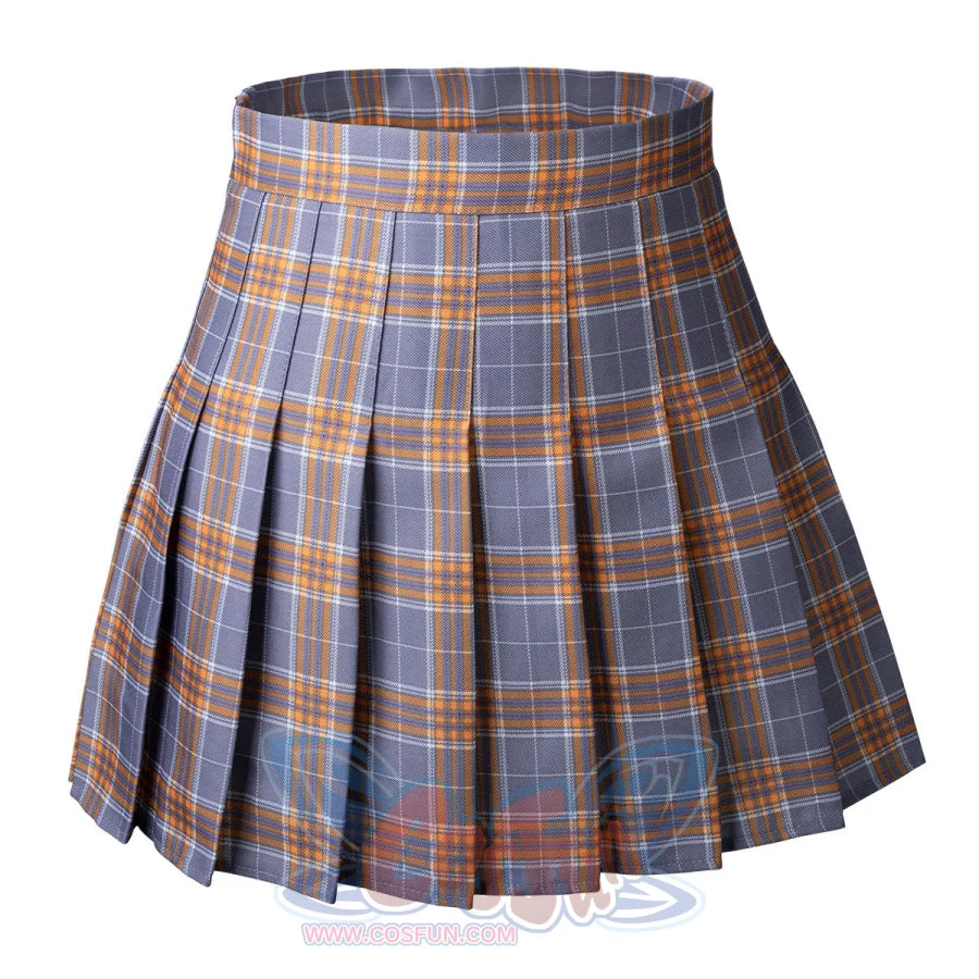 JK gray-yellow plaid pleated skirt front view highlights a wide waistband and evenly pressed school skirt folds.