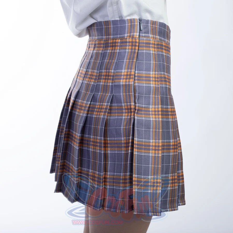 JK pleated skirt back view holds the gray-yellow plaid in clean vertical folds beneath a high waistband.