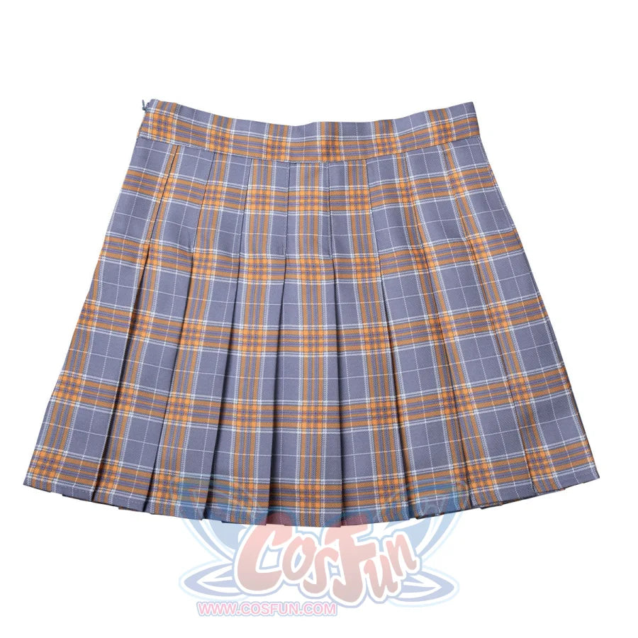 Flat front view of the JK plaid pleated skirt shows a straight waistband and orderly gray-yellow pleats.