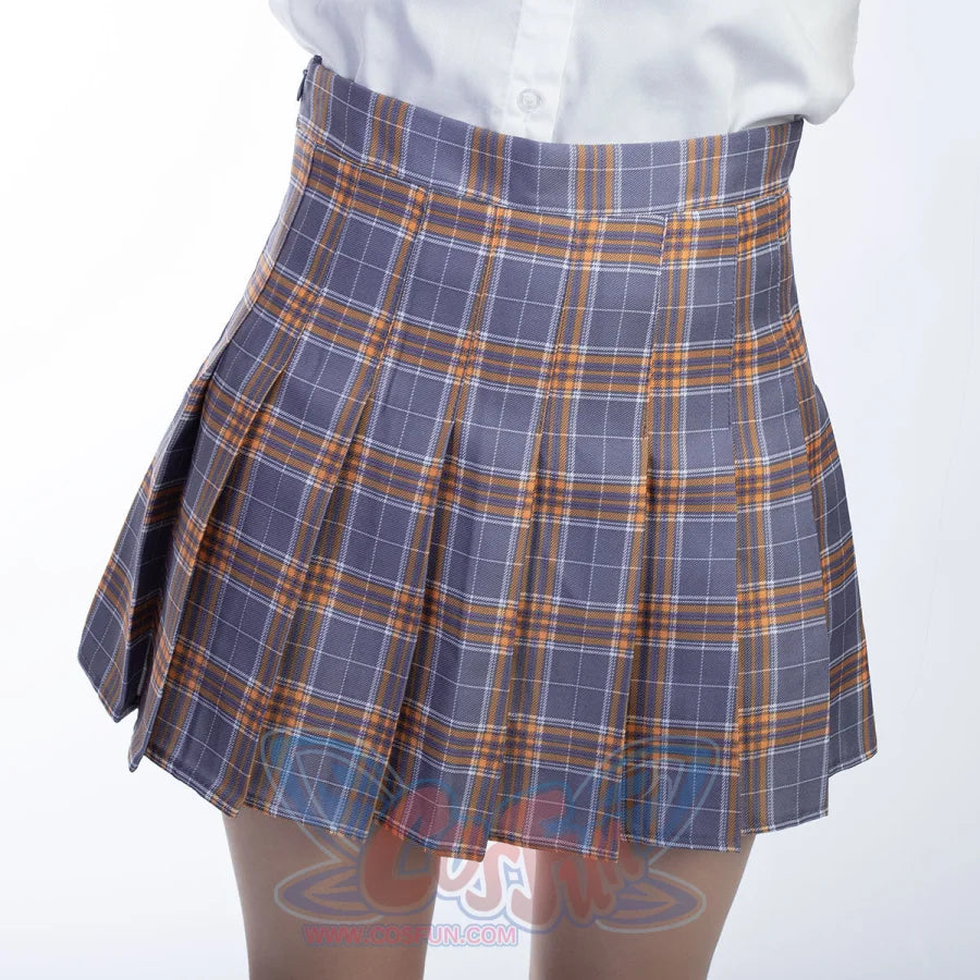 Gray-yellow JK pleated skirt waist detail anchors crisp front folds and a tidy checked school-uniform look.