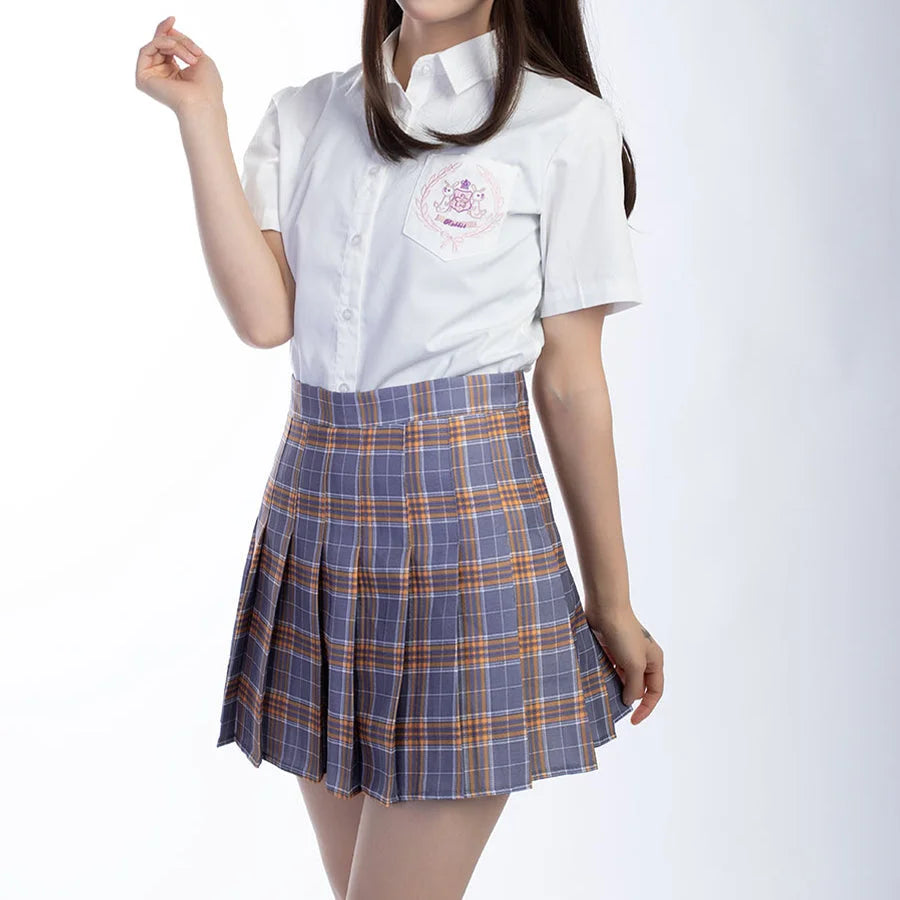 COSFUN JK pleated skirt front view sets gray-yellow plaid into crisp folds below a high waist.