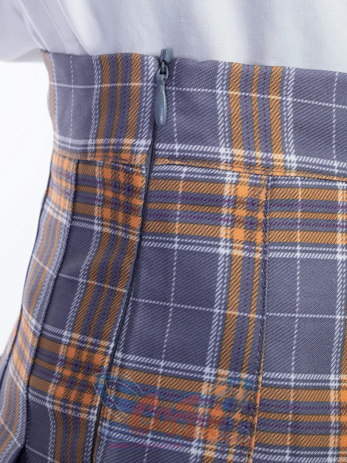 Side zipper detail on the JK plaid pleated skirt sits flush within gray-yellow check fabric and pressed folds.