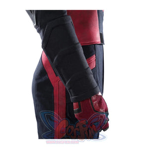 Thunderbolts John Walker cosplay costume pairs a padded black arm guard with a red and black textured glove.