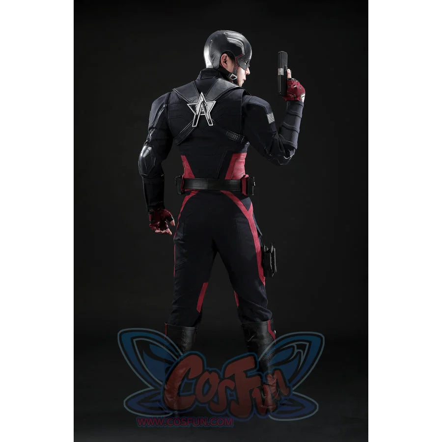 Thunderbolts John Walker cosplay costume centers a silver star on the back above a red and dark blue suit.
