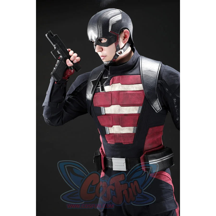 Thunderbolts John Walker cosplay costume complete with a detailed helmet, tactical belt, and prop gun.