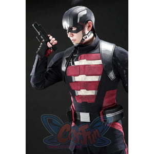 Thunderbolts John Walker cosplay costume complete with a detailed helmet, tactical belt, and prop gun.