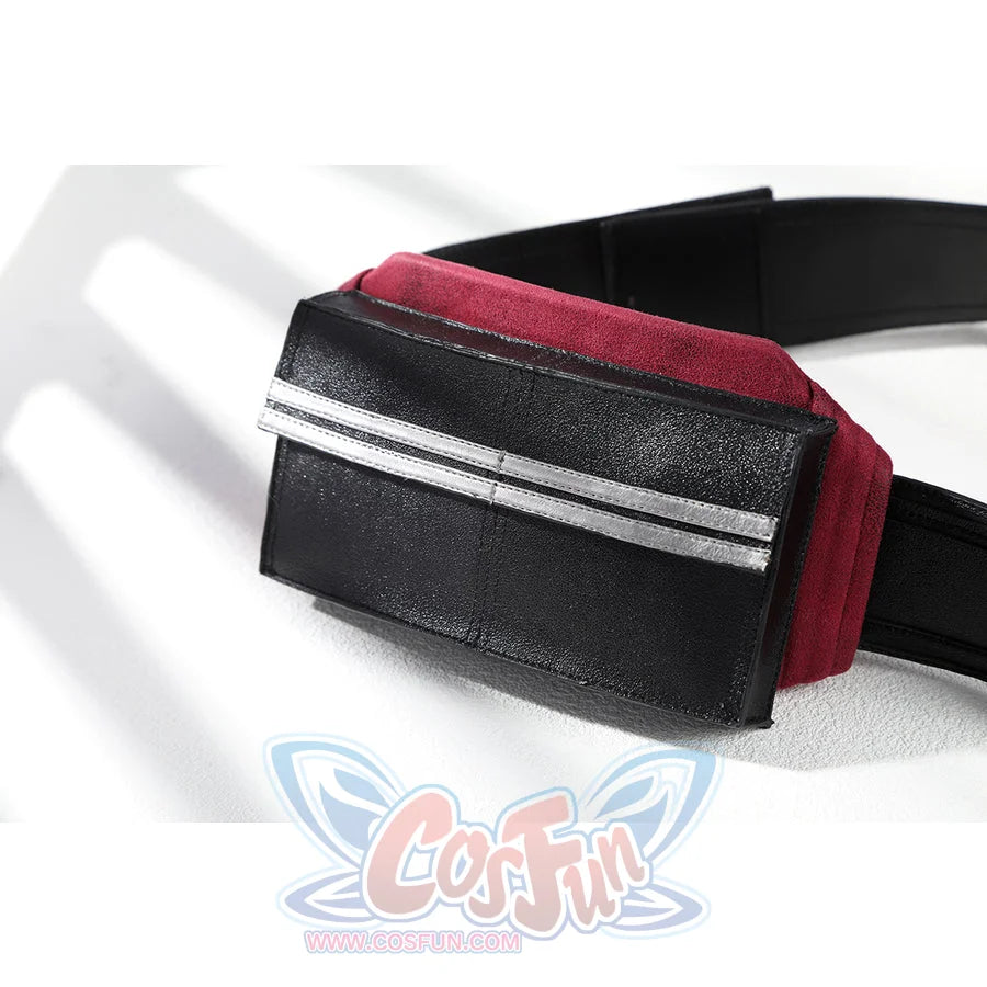 Thunderbolts John Walker cosplay costume includes a black and red pouch with silver stripes on a belt.