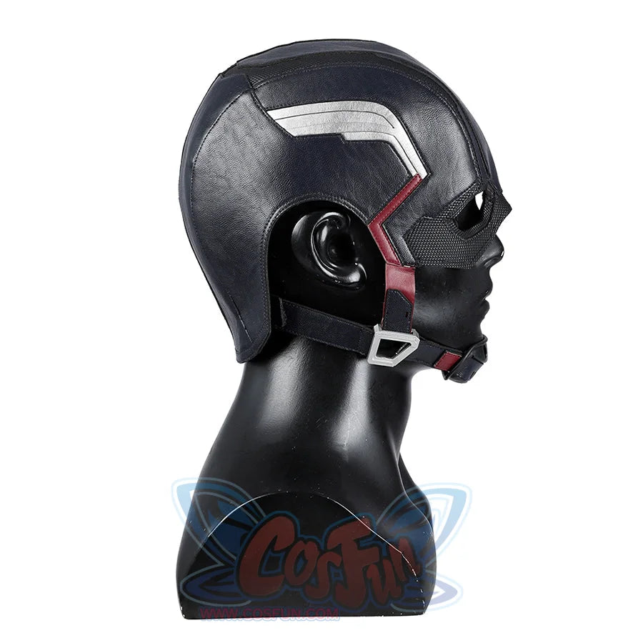 Thunderbolts John Walker cosplay helmet reveals a silver wing logo and red stripe accents in this profile view.