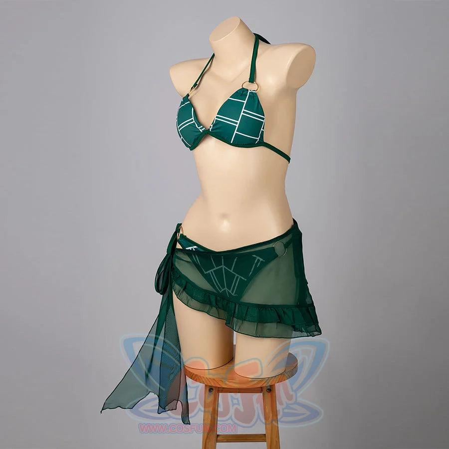 Jolyne Cujoh cosplay bikini angled view frames white linework across the green top and sheer skirt.