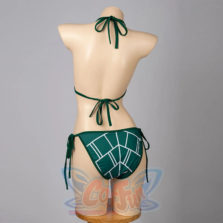 Jolyne Cujoh cosplay bikini back view ties green straps above patterned bottoms and side cords.