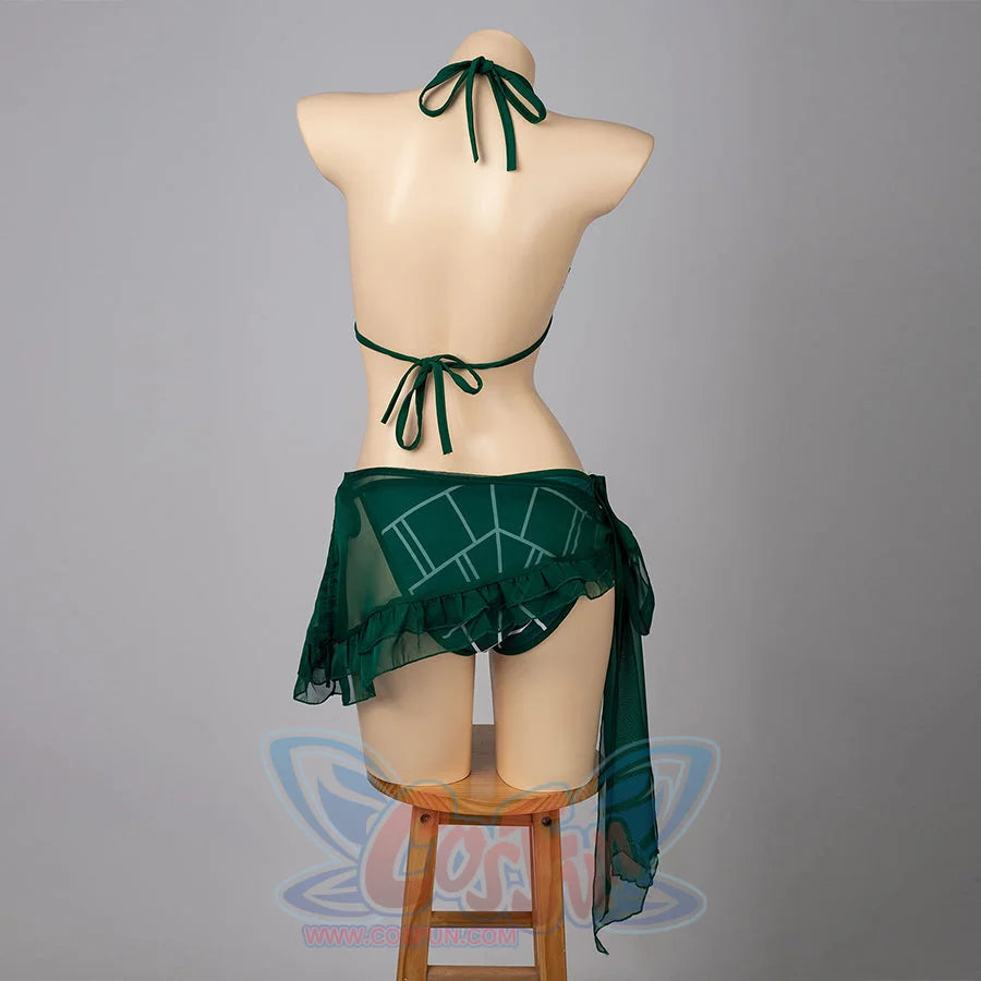 Jolyne Cujoh cosplay bikini back view ties the green halter above side-tie bottoms and sheer skirt.