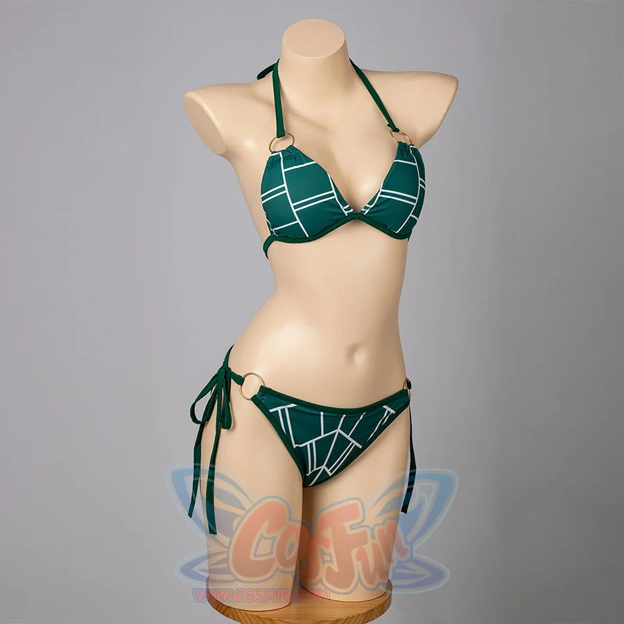 Jolyne Cujoh cosplay bikini set centers the green triangle top and side-tie bottoms without the skirt.