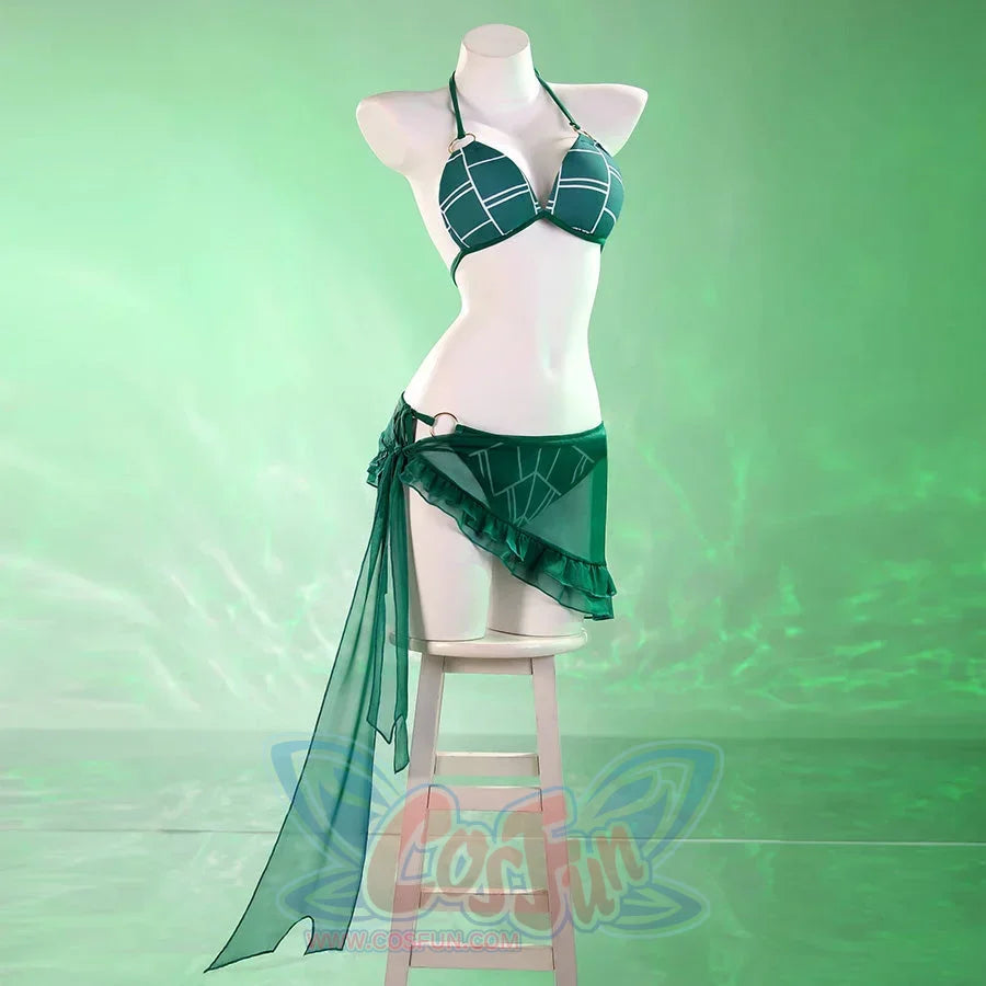 Jolyne Cujoh cosplay bikini full front view layers the green top, side-tie bottom, and sheer skirt.