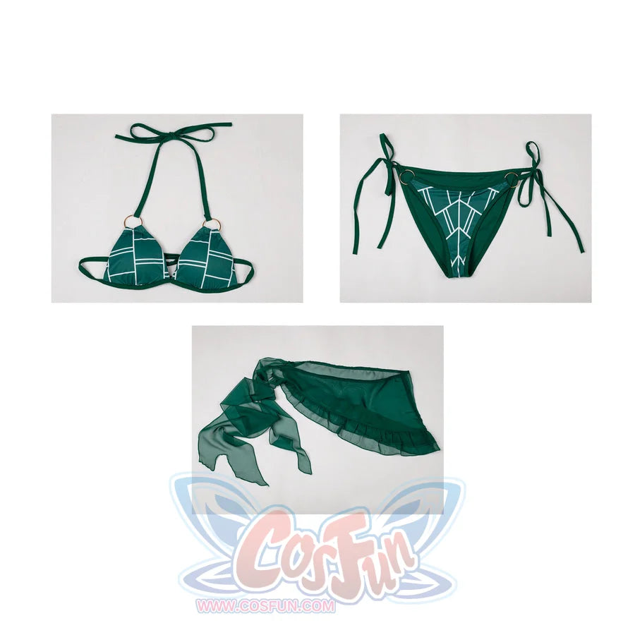 Jolyne Cujoh cosplay bikini flat lay separates the triangle top, side-tie bottom, and sheer skirt.