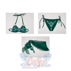 Jolyne Cujoh cosplay bikini flat lay separates the triangle top, side-tie bottom, and sheer skirt.