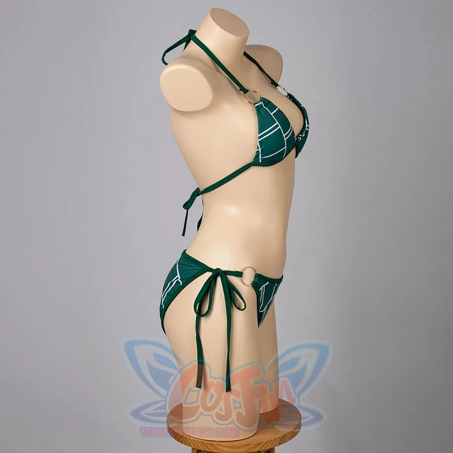 Jolyne Cujoh cosplay bikini side view traces tie straps, gold-tone rings, and the green triangle top.