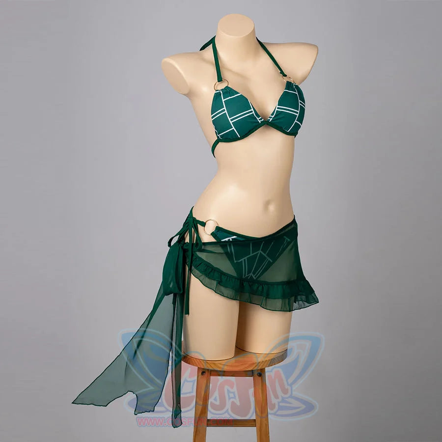 Jolyne Cujoh cosplay bikini front view pairs a green triangle top with side-tie bottoms and sheer skirt.