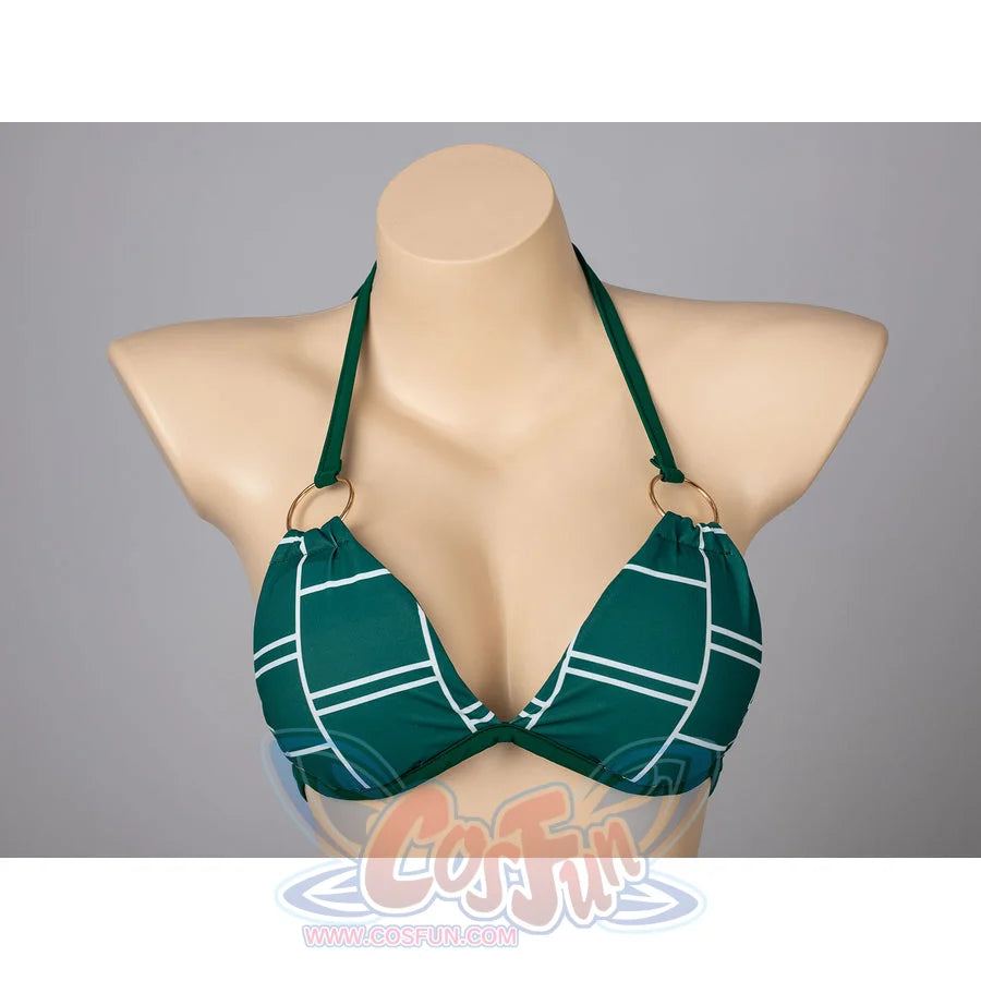 Jolyne Cujoh cosplay bikini top detail centers green fabric, white linework, and gold-tone strap rings.