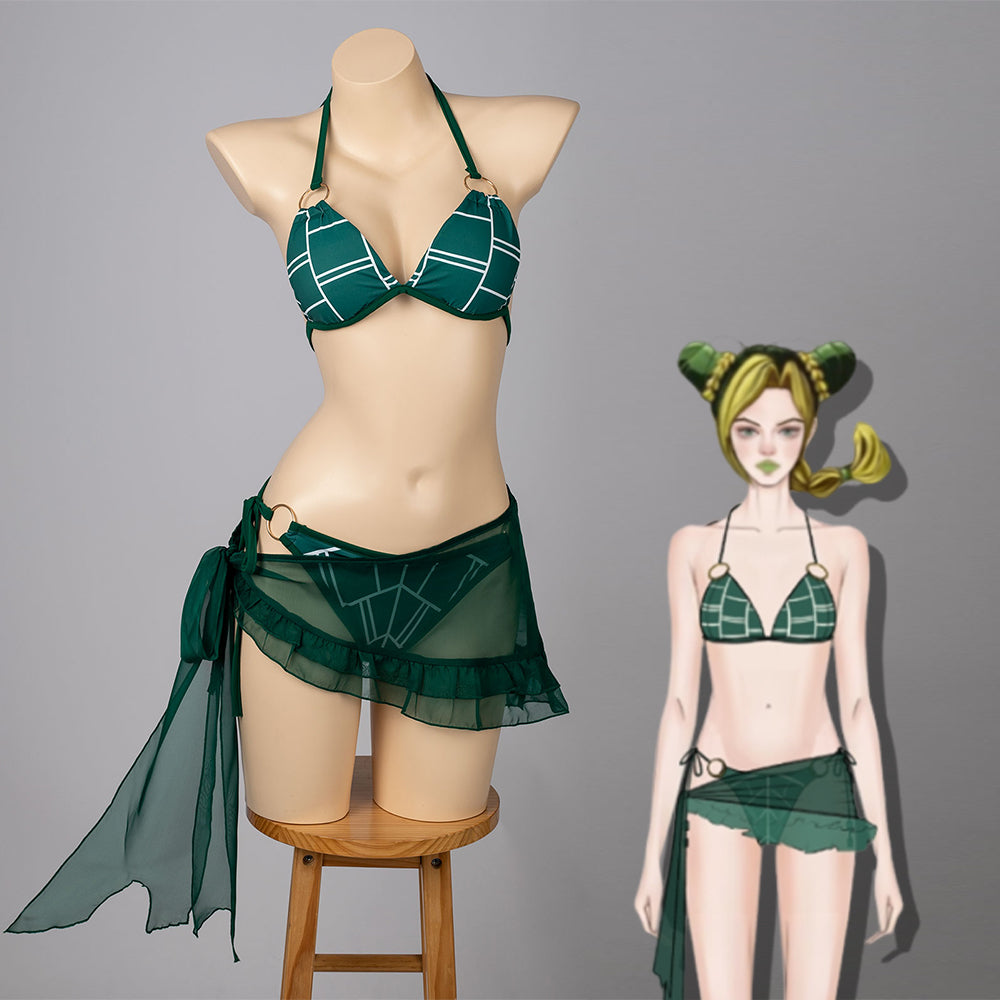 COSFUN Jolyne Cujoh cosplay bikini layers a green halter top above sheer skirted tie bottoms.