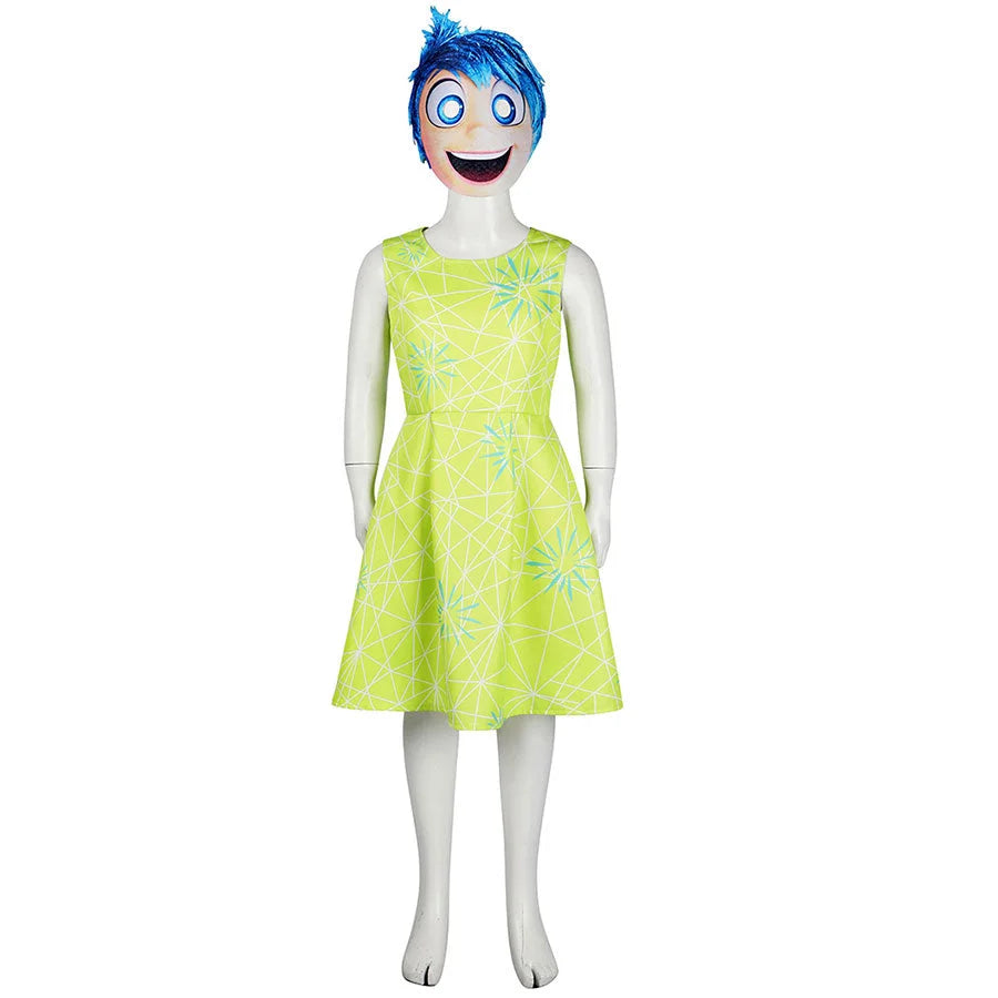 Features the complete kid Joy cosplay outfit, including a bright green dress with blue patterns and a mask resembling Joy from Inside Out.
