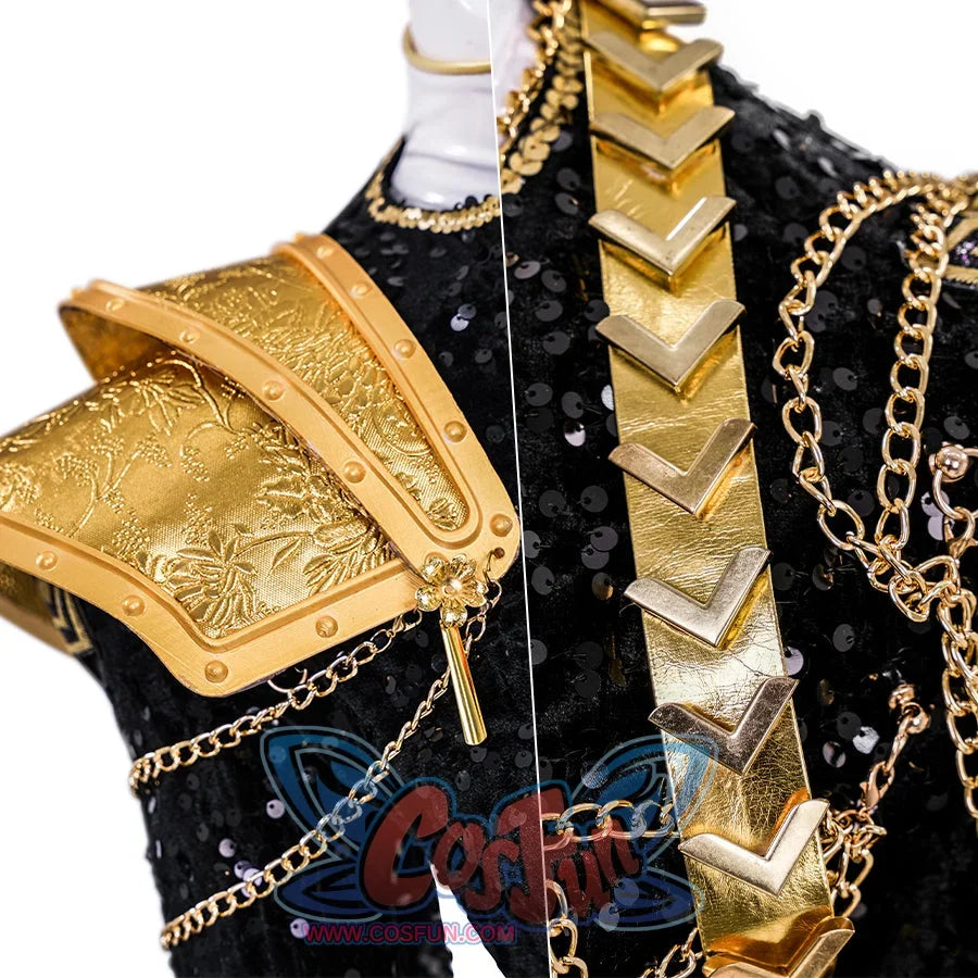 kpop demon hunters rumi cosplay costume with black sequin jacket, gold shoulder details.