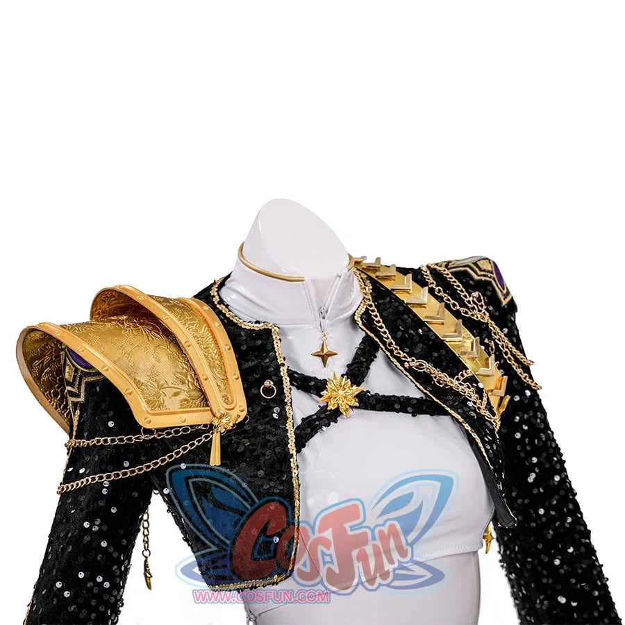 black sequin short coat with gold 3d shoulders, star ornaments, and chains, paired with white shorts