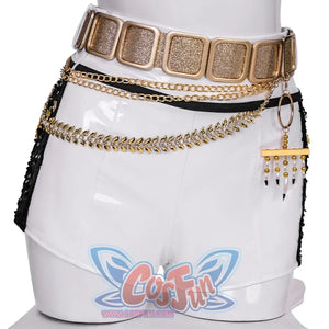white bodysuit underneath; layered gold waist chains and wide belt; white shorts with black side panels; dazzling design perfect for singers and dancers to showcase their stage presence