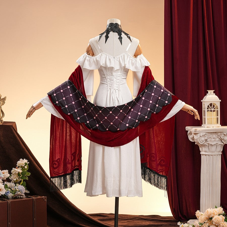 La Signora cosplay costume gathers a white dress with deep red shawls and black lattice detailing across the back area.
