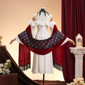 La Signora cosplay costume gathers a white dress with deep red shawls and black lattice detailing across the back area.