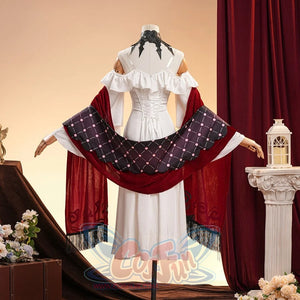 La Signora cosplay costume gathers a white dress with deep red shawls and black lattice detailing across the back area.