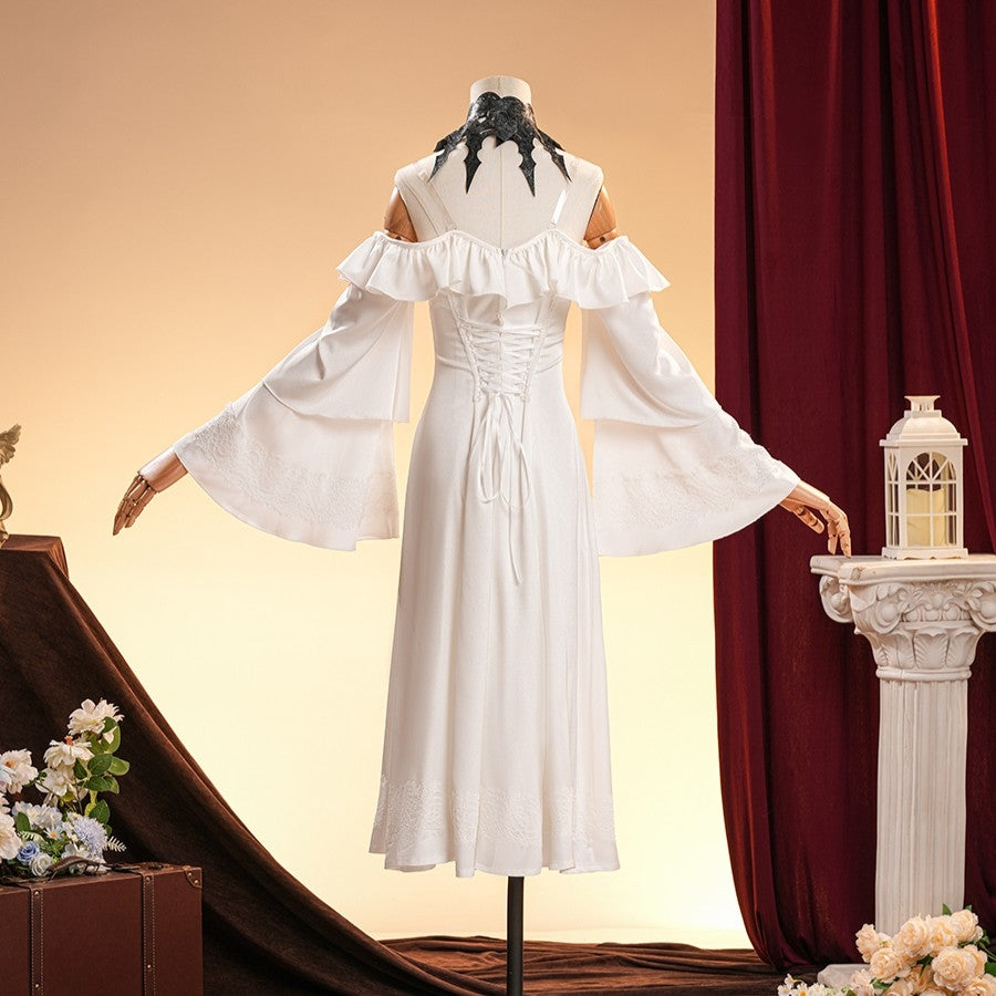 La Signora cosplay costume gathers lace trim on wide bell sleeves and centers a corset lacing along the back of the dress.