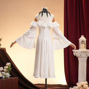 La Signora cosplay costume gathers lace trim on wide bell sleeves and centers a corset lacing along the back of the dress.