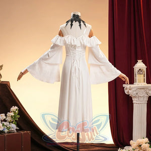 La Signora cosplay costume gathers lace trim on wide bell sleeves and centers a corset lacing along the back of the dress.